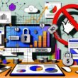 Stylisierte Illustration eines modernen Schreibtischs mit Geräten und Content-Monetarisierungs-Symbolen, Skizzen, Analytics und Elementen für digitales Wachstum im urbanen Stil.