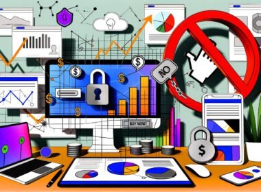 Stylisierte Illustration eines modernen Schreibtischs mit Geräten und Content-Monetarisierungs-Symbolen, Skizzen, Analytics und Elementen für digitales Wachstum im urbanen Stil.