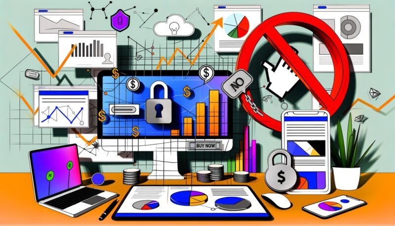 Stylisierte Illustration eines modernen Schreibtischs mit Geräten und Content-Monetarisierungs-Symbolen, Skizzen, Analytics und Elementen für digitales Wachstum im urbanen Stil.