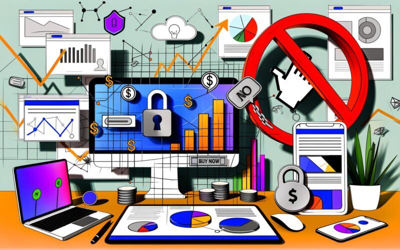 Stylisierte Illustration eines modernen Schreibtischs mit Geräten und Content-Monetarisierungs-Symbolen, Skizzen, Analytics und Elementen für digitales Wachstum im urbanen Stil.