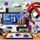 Stylisierte Illustration eines modernen Schreibtischs mit Geräten und Content-Monetarisierungs-Symbolen, Skizzen, Analytics und Elementen für digitales Wachstum im urbanen Stil.