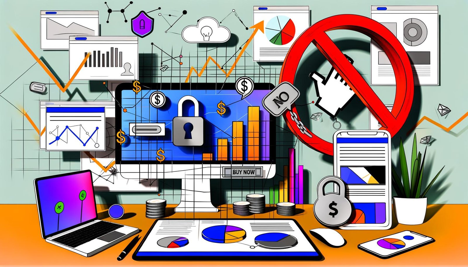 Stylisierte Illustration eines modernen Schreibtischs mit Geräten und Content-Monetarisierungs-Symbolen, Skizzen, Analytics und Elementen für digitales Wachstum im urbanen Stil.