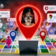 Illustration einer roten Stecknadel auf Google Maps, umgeben von ausgegrauten Icons lokaler Geschäfte, während ein Unternehmer konzentriert auf einen Laptop mit Google-Business-Profil schaut. Sichtbarkeit durch leuchtende Farben und digital hervorgehobene Datenpunkte.