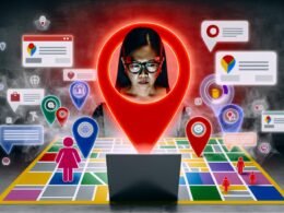 Illustration einer roten Stecknadel auf Google Maps, umgeben von ausgegrauten Icons lokaler Geschäfte, während ein Unternehmer konzentriert auf einen Laptop mit Google-Business-Profil schaut. Sichtbarkeit durch leuchtende Farben und digital hervorgehobene Datenpunkte.