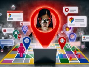Illustration einer roten Stecknadel auf Google Maps, umgeben von ausgegrauten Icons lokaler Geschäfte, während ein Unternehmer konzentriert auf einen Laptop mit Google-Business-Profil schaut. Sichtbarkeit durch leuchtende Farben und digital hervorgehobene Datenpunkte.