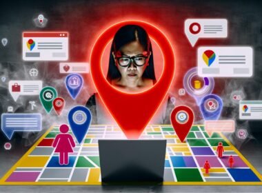 Illustration einer roten Stecknadel auf Google Maps, umgeben von ausgegrauten Icons lokaler Geschäfte, während ein Unternehmer konzentriert auf einen Laptop mit Google-Business-Profil schaut. Sichtbarkeit durch leuchtende Farben und digital hervorgehobene Datenpunkte.
