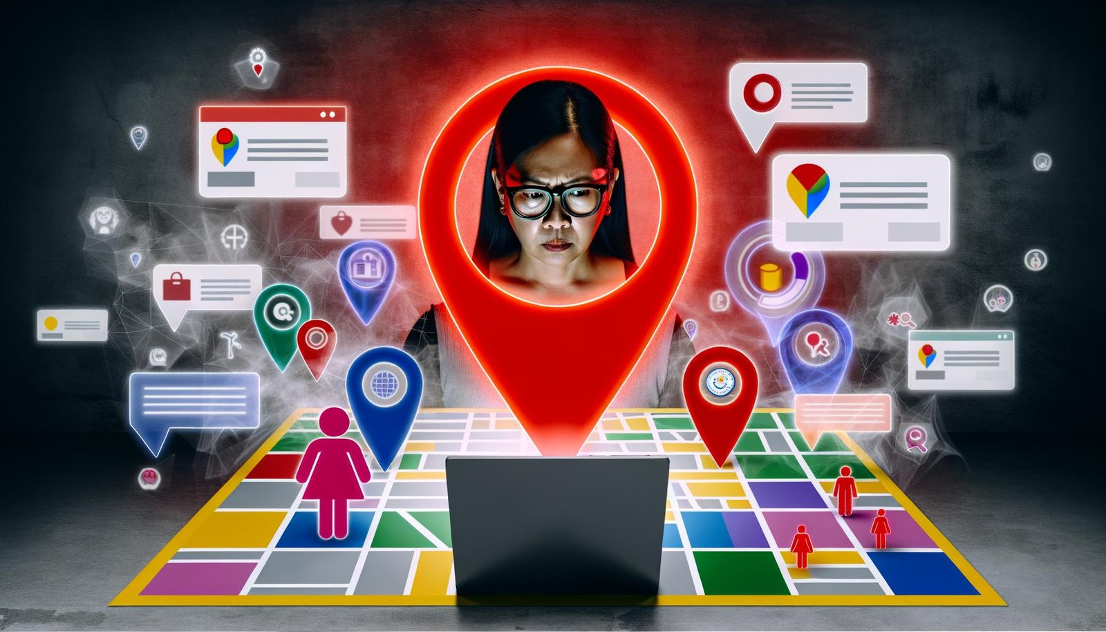 Illustration einer roten Stecknadel auf Google Maps, umgeben von ausgegrauten Icons lokaler Geschäfte, während ein Unternehmer konzentriert auf einen Laptop mit Google-Business-Profil schaut. Sichtbarkeit durch leuchtende Farben und digital hervorgehobene Datenpunkte.