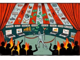 Moderne, düstere Illustration eines digitalen Zirkuszelts zur Content-Monetarisierung; Person jongliert mit Online-Marketing-Symbolen vor applaudierendem Publikum mit Social-Media-Masken.