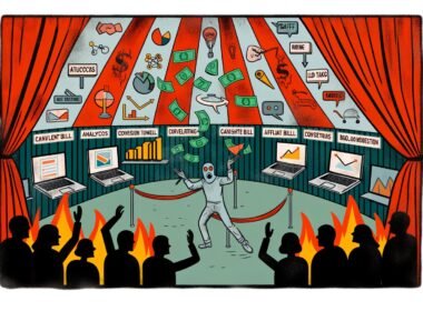 Moderne, düstere Illustration eines digitalen Zirkuszelts zur Content-Monetarisierung; Person jongliert mit Online-Marketing-Symbolen vor applaudierendem Publikum mit Social-Media-Masken.