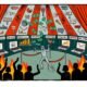 Moderne, düstere Illustration eines digitalen Zirkuszelts zur Content-Monetarisierung; Person jongliert mit Online-Marketing-Symbolen vor applaudierendem Publikum mit Social-Media-Masken.