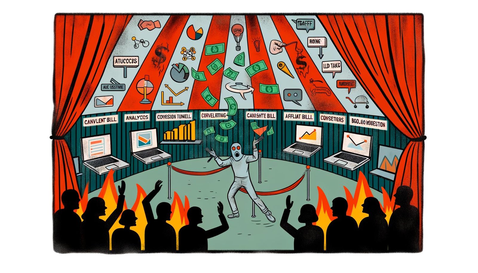 Moderne, düstere Illustration eines digitalen Zirkuszelts zur Content-Monetarisierung; Person jongliert mit Online-Marketing-Symbolen vor applaudierendem Publikum mit Social-Media-Masken.