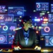 Marketer im modernen, cyberpunkhaften Büro bei Nacht analysiert angespannt Marketingmetriken und Kampagnendaten auf vielen Bildschirmen mit Diagrammen zu Klicks, Conversions und Kanal-Icons.
