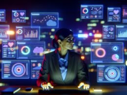Marketer im modernen, cyberpunkhaften Büro bei Nacht analysiert angespannt Marketingmetriken und Kampagnendaten auf vielen Bildschirmen mit Diagrammen zu Klicks, Conversions und Kanal-Icons.