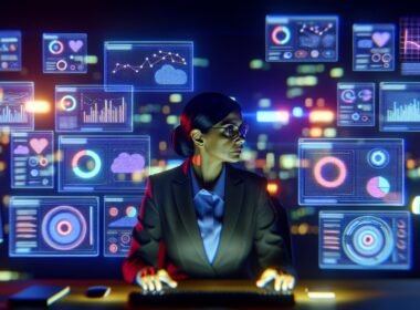Marketer im modernen, cyberpunkhaften Büro bei Nacht analysiert angespannt Marketingmetriken und Kampagnendaten auf vielen Bildschirmen mit Diagrammen zu Klicks, Conversions und Kanal-Icons.