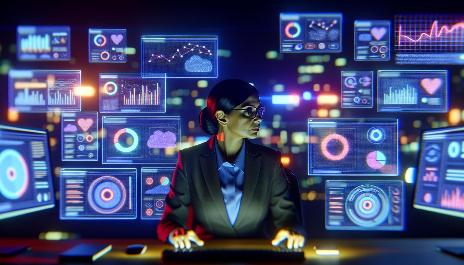 Marketer im modernen, cyberpunkhaften Büro bei Nacht analysiert angespannt Marketingmetriken und Kampagnendaten auf vielen Bildschirmen mit Diagrammen zu Klicks, Conversions und Kanal-Icons.