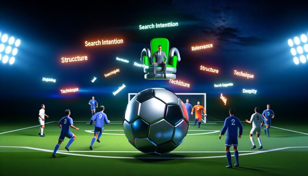 Content-Creator, Texter und Marketer spielen bei Nacht Fußball mit einem digitalen Google-Ball; Google überwacht als futuristischer Schiedsrichter das Spiel. Trikots zeigen SEO-Begriffe und alte Keywords fallen wie Konfetti vom Himmel.