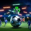 Content-Creator, Texter und Marketer spielen bei Nacht Fußball mit einem digitalen Google-Ball; Google überwacht als futuristischer Schiedsrichter das Spiel. Trikots zeigen SEO-Begriffe und alte Keywords fallen wie Konfetti vom Himmel.
