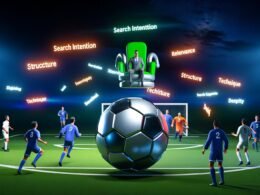Content-Creator, Texter und Marketer spielen bei Nacht Fußball mit einem digitalen Google-Ball; Google überwacht als futuristischer Schiedsrichter das Spiel. Trikots zeigen SEO-Begriffe und alte Keywords fallen wie Konfetti vom Himmel.