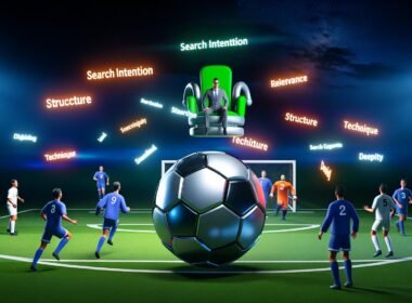 Content-Creator, Texter und Marketer spielen bei Nacht Fußball mit einem digitalen Google-Ball; Google überwacht als futuristischer Schiedsrichter das Spiel. Trikots zeigen SEO-Begriffe und alte Keywords fallen wie Konfetti vom Himmel.