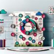 Modernes Moodboard eines digitalen Workflows mit Checkliste, Analytics-, Technik-, Monetarisierungs- und Strategie-Icons, farbigen Prozesspfeilen sowie technischen Symbolen wie Server, Cloud und KPI-Dashboard im Hintergrund.