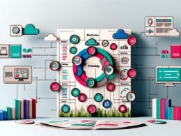 Modernes Moodboard eines digitalen Workflows mit Checkliste, Analytics-, Technik-, Monetarisierungs- und Strategie-Icons, farbigen Prozesspfeilen sowie technischen Symbolen wie Server, Cloud und KPI-Dashboard im Hintergrund.