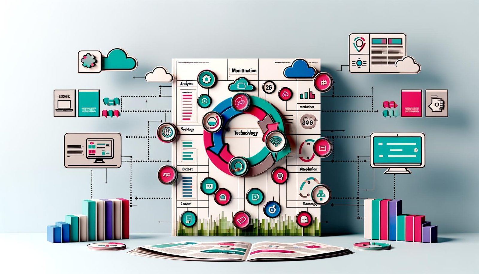 Modernes Moodboard eines digitalen Workflows mit Checkliste, Analytics-, Technik-, Monetarisierungs- und Strategie-Icons, farbigen Prozesspfeilen sowie technischen Symbolen wie Server, Cloud und KPI-Dashboard im Hintergrund.