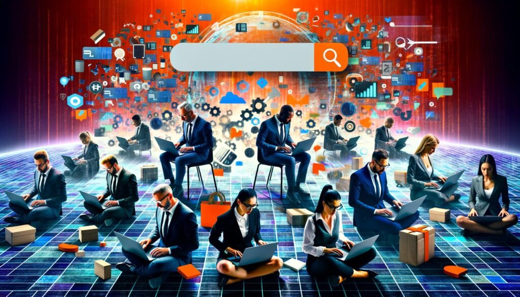 Unternehmer analysieren fokussiert Laptops auf einem dynamischen Amazon-Marktplatz, umgeben von Produktbildern, Rankings und Keywords, mit einer großen Amazon- Suchleiste im Hintergrund.
