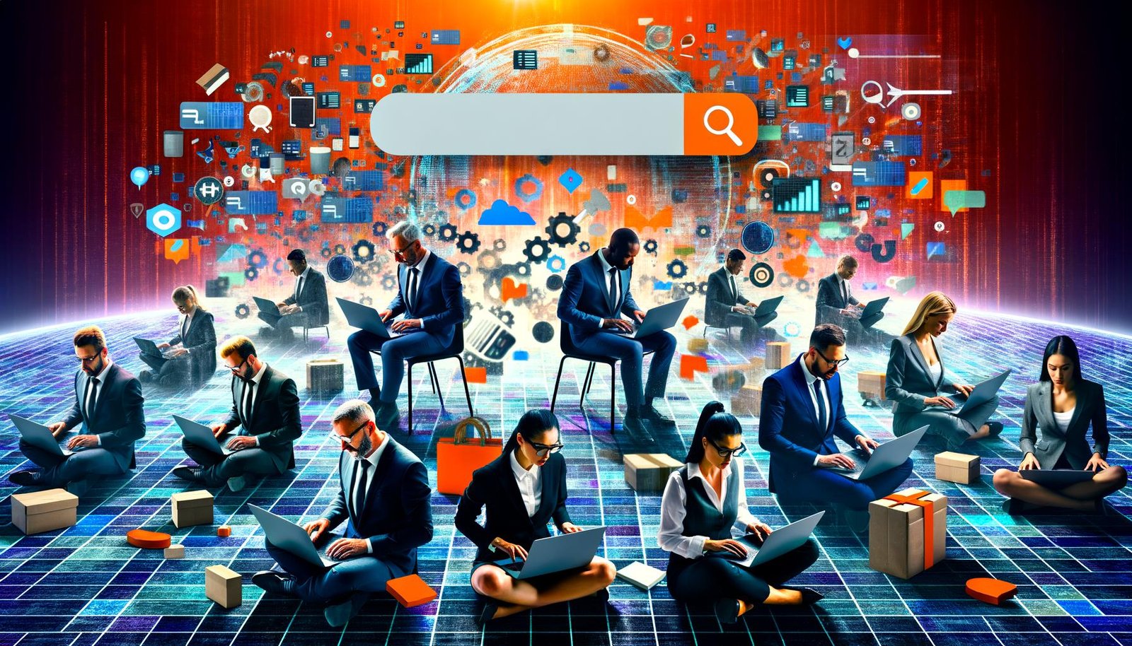 Unternehmer analysieren fokussiert Laptops auf einem dynamischen Amazon-Marktplatz, umgeben von Produktbildern, Rankings und Keywords, mit einer großen Amazon- Suchleiste im Hintergrund.