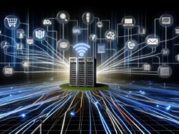 Digitaler Maschinenraum mit zentralem API-Server, der als Knotenpunkt zwischen Content, E-Commerce, Payment, CRM, Analytics und Marketing dient, umgeben von leuchtenden Datenströmen und futuristischem Grafikdesign.