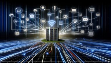Digitaler Maschinenraum mit zentralem API-Server, der als Knotenpunkt zwischen Content, E-Commerce, Payment, CRM, Analytics und Marketing dient, umgeben von leuchtenden Datenströmen und futuristischem Grafikdesign.