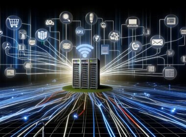 Digitaler Maschinenraum mit zentralem API-Server, der als Knotenpunkt zwischen Content, E-Commerce, Payment, CRM, Analytics und Marketing dient, umgeben von leuchtenden Datenströmen und futuristischem Grafikdesign.
