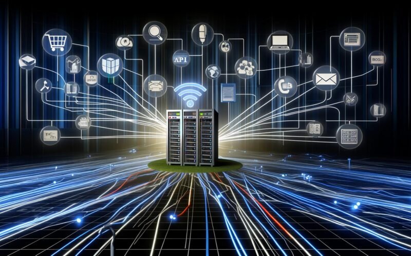 Digitaler Maschinenraum mit zentralem API-Server, der als Knotenpunkt zwischen Content, E-Commerce, Payment, CRM, Analytics und Marketing dient, umgeben von leuchtenden Datenströmen und futuristischem Grafikdesign.