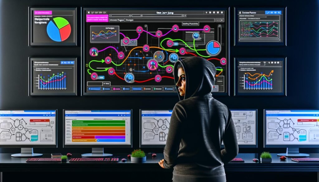 Person im Hoodie analysiert im modernen Control-Room komplexe Nutzerreise auf Monitoren, mit bunten Click Paths, Analytics-Tools und Schritt-für-Schritt-Checkliste im Hintergrund.