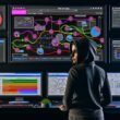 Person im Hoodie analysiert im modernen Control-Room komplexe Nutzerreise auf Monitoren, mit bunten Click Paths, Analytics-Tools und Schritt-für-Schritt-Checkliste im Hintergrund.