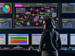 Person im Hoodie analysiert im modernen Control-Room komplexe Nutzerreise auf Monitoren, mit bunten Click Paths, Analytics-Tools und Schritt-für-Schritt-Checkliste im Hintergrund.