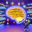 Querschnitt einer Website mit leuchtendem als technisches Gehirn, farbigen HTML-Meta-Tag-Fragmenten und einem Google-Bot, umgeben von Suchergebnisseiten und SEO-Symbolen.