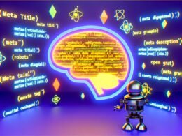 Querschnitt einer Website mit leuchtendem als technisches Gehirn, farbigen HTML-Meta-Tag-Fragmenten und einem Google-Bot, umgeben von Suchergebnisseiten und SEO-Symbolen.