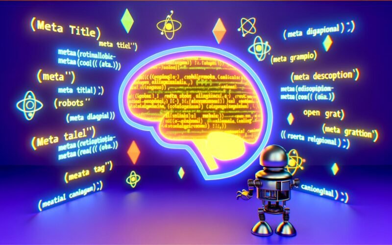 Querschnitt einer Website mit leuchtendem als technisches Gehirn, farbigen HTML-Meta-Tag-Fragmenten und einem Google-Bot, umgeben von Suchergebnisseiten und SEO-Symbolen.