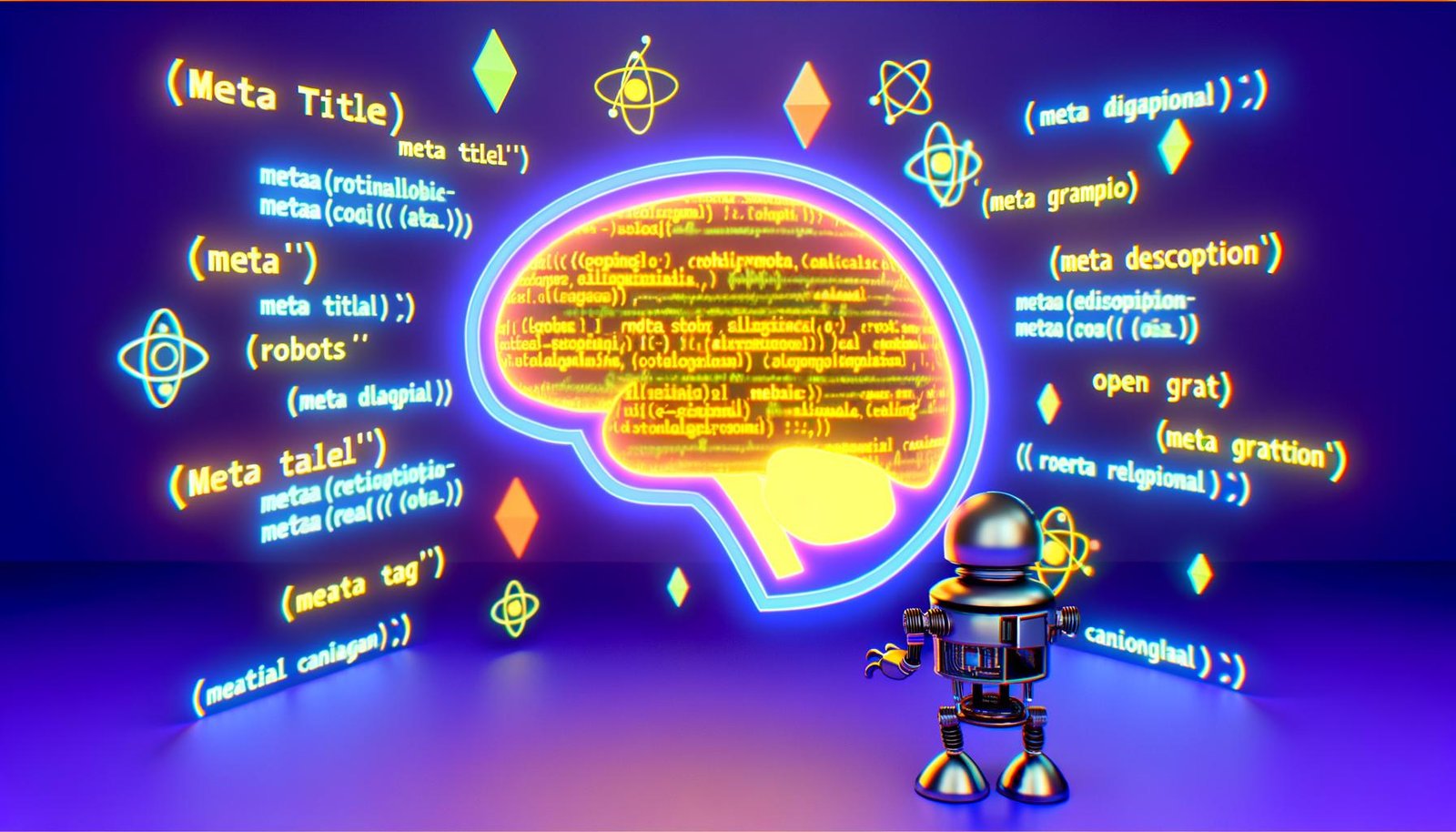Querschnitt einer Website mit leuchtendem als technisches Gehirn, farbigen HTML-Meta-Tag-Fragmenten und einem Google-Bot, umgeben von Suchergebnisseiten und SEO-Symbolen.