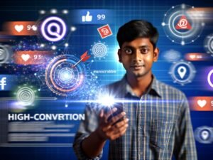 Modern gekleideter junger Marketer mit Smartphone, auf dessen Display Hologramme von Social-Media-Reels schweben, flankiert von Social-Media-Logos auf dunklem Hintergrund mit Datendiagrammen und Tracking-Codes.
