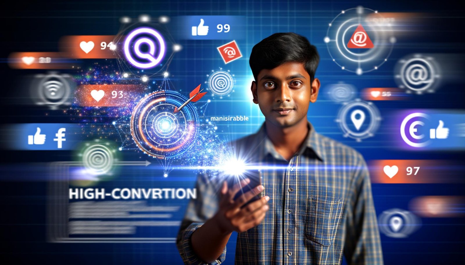 Modern gekleideter junger Marketer mit Smartphone, auf dessen Display Hologramme von Social-Media-Reels schweben, flankiert von Social-Media-Logos auf dunklem Hintergrund mit Datendiagrammen und Tracking-Codes.