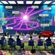 Marketingteam vor großem Bildschirm mit farbiger Clickpath-Diagramm, das Nutzerwege auf einer Website zeigt. Digitale Arbeitsumgebung mit Laptops, Analyse-Dashboards, Post-its und Charts.