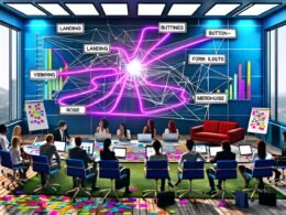 Marketingteam vor großem Bildschirm mit farbiger Clickpath-Diagramm, das Nutzerwege auf einer Website zeigt. Digitale Arbeitsumgebung mit Laptops, Analyse-Dashboards, Post-its und Charts.
