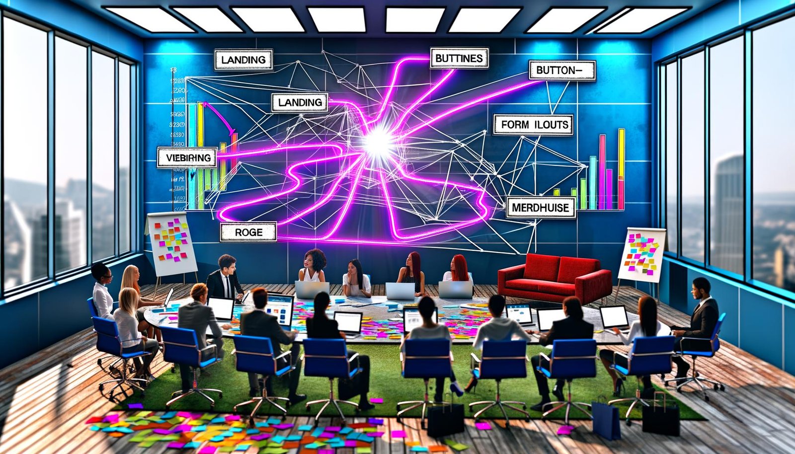 Marketingteam vor großem Bildschirm mit farbiger Clickpath-Diagramm, das Nutzerwege auf einer Website zeigt. Digitale Arbeitsumgebung mit Laptops, Analyse-Dashboards, Post-its und Charts.