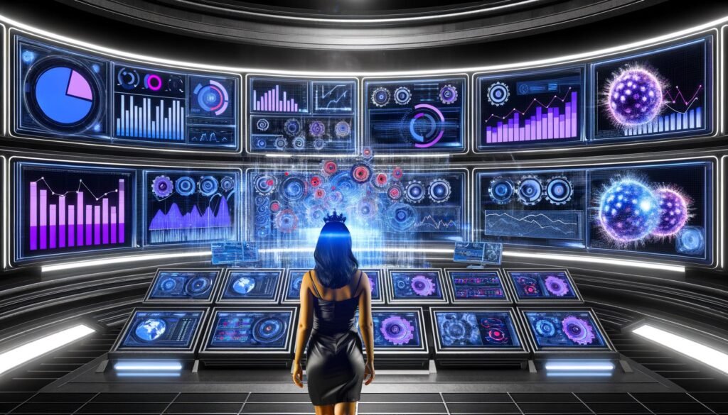 Futuristischer Marketing-Kontrollraum mit digitalen Analyse-Dashboards, Machine-Learning-Icons und einem Marketer vor fließenden Datenströmen.
