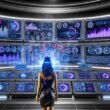 Futuristischer Marketing-Kontrollraum mit digitalen Analyse-Dashboards, Machine-Learning-Icons und einem Marketer vor fließenden Datenströmen.
