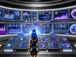 Futuristischer Marketing-Kontrollraum mit digitalen Analyse-Dashboards, Machine-Learning-Icons und einem Marketer vor fließenden Datenströmen.