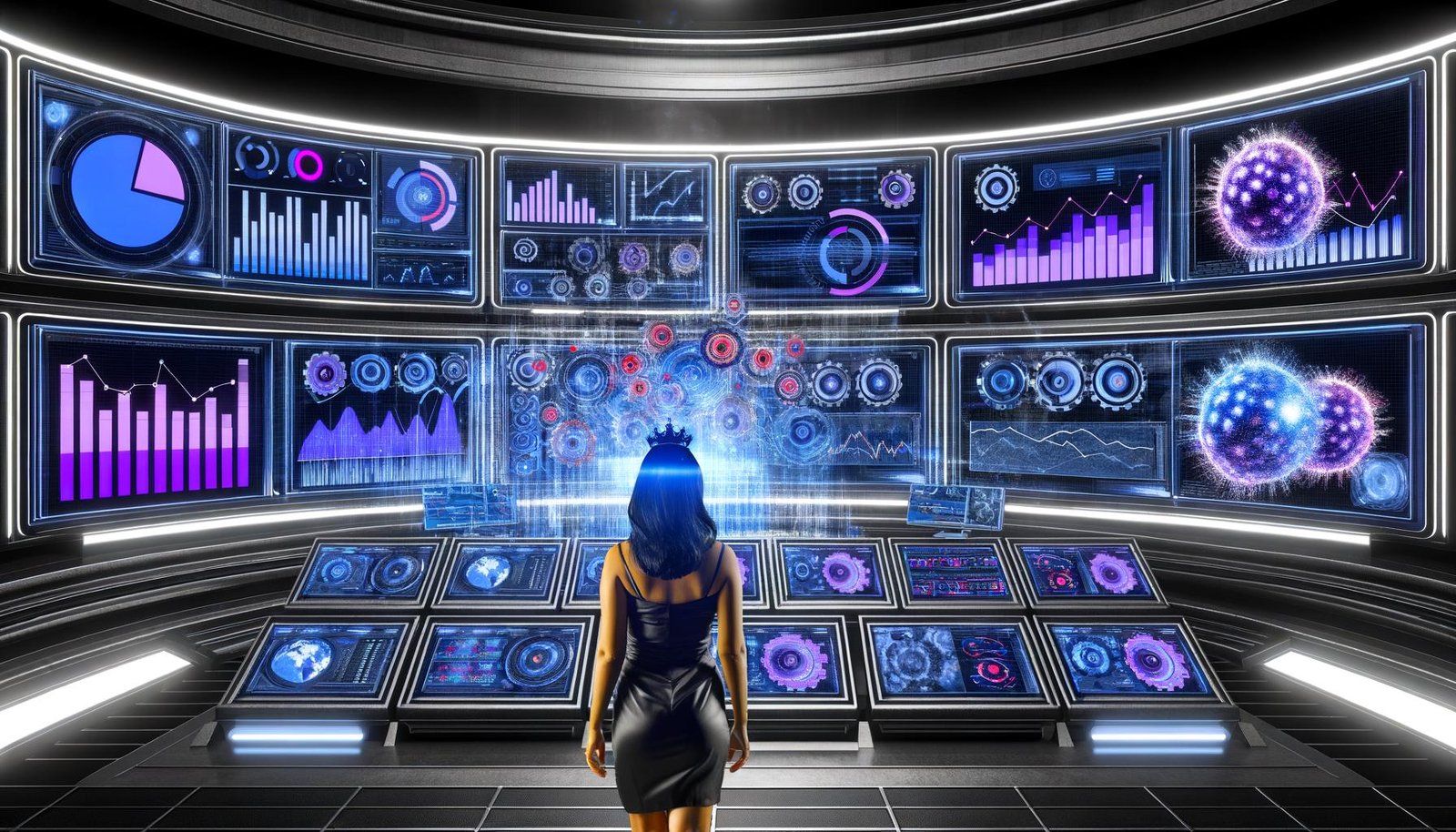 Futuristischer Marketing-Kontrollraum mit digitalen Analyse-Dashboards, Machine-Learning-Icons und einem Marketer vor fließenden Datenströmen.