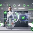 Laptop mit Onlineshop-Dashboard zeigt Analyse-Grafiken zu organischem Traffic, Ladezeiten und technischem SEO-Audit. Im Hintergrund reguliert eine Person die Sichtbarkeit des Shops, umgeben von SEO- und Struktur-Icons sowie Mobilgerät.