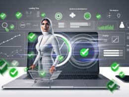 Laptop mit Onlineshop-Dashboard zeigt Analyse-Grafiken zu organischem Traffic, Ladezeiten und technischem SEO-Audit. Im Hintergrund reguliert eine Person die Sichtbarkeit des Shops, umgeben von SEO- und Struktur-Icons sowie Mobilgerät.